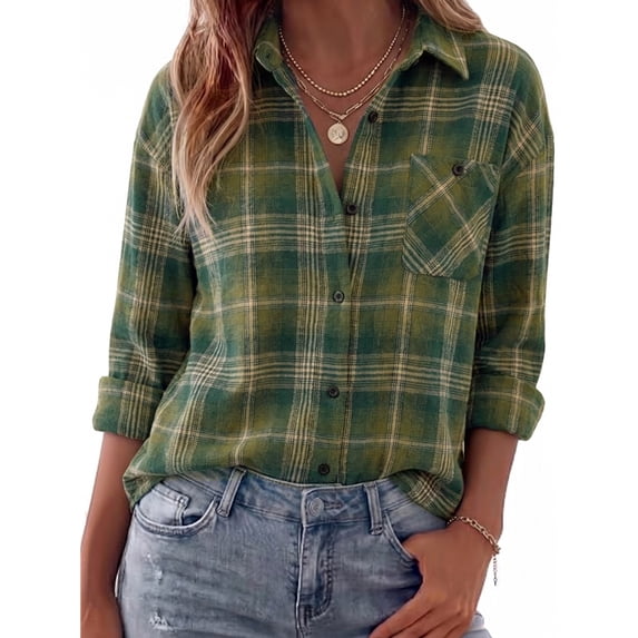 MOYIKO Women's Plaid Button Down Shirts Long Sleeve Fall Outfits Casual Loose Blouses Tops