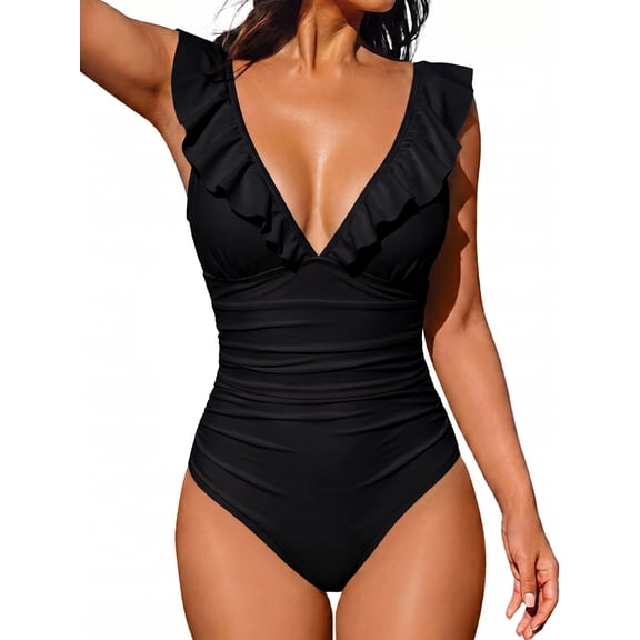 MOYIKO Women's Ruffled One Piece Swimsuit V Neck Lace Up Bathing Suit