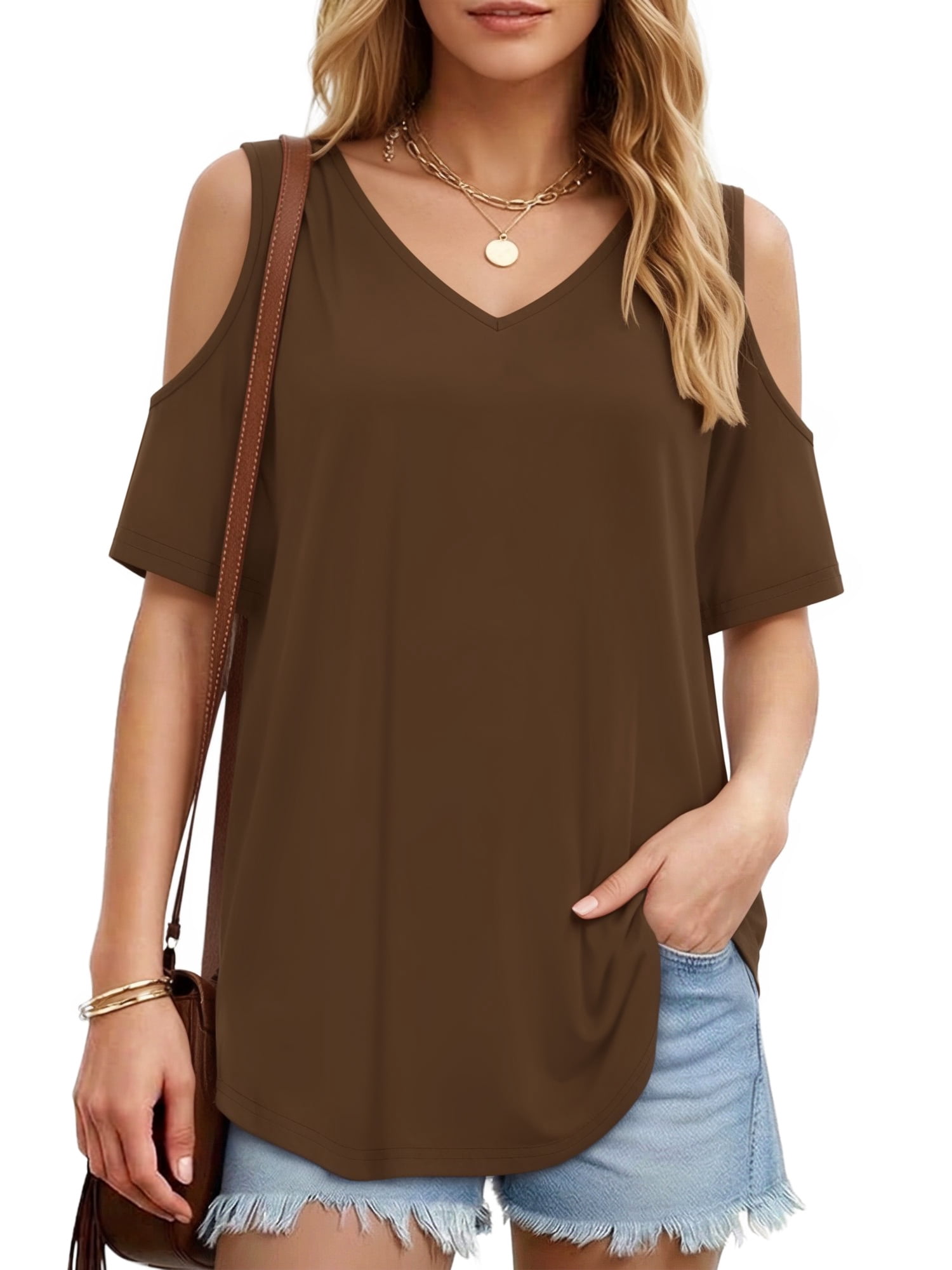 MOYIKO Women's Shirts Cold Shoulder Tops Summer Short Sleeve V Neck ...
