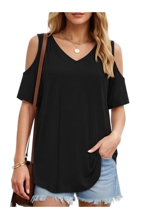 Women's Shirts Cold Shoulder Tops Summer Short Sleeve V Neck Loose Fit T Shirt Basic Black Tee Blouse