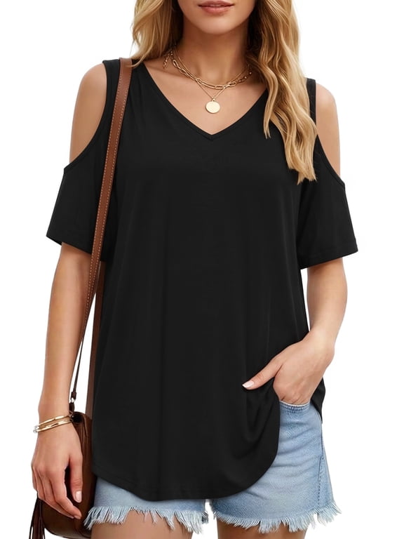 Women's Shirts Cold Shoulder Tops Summer Short Sleeve V Neck Loose Fit T Shirt Basic Black Tee Blouse