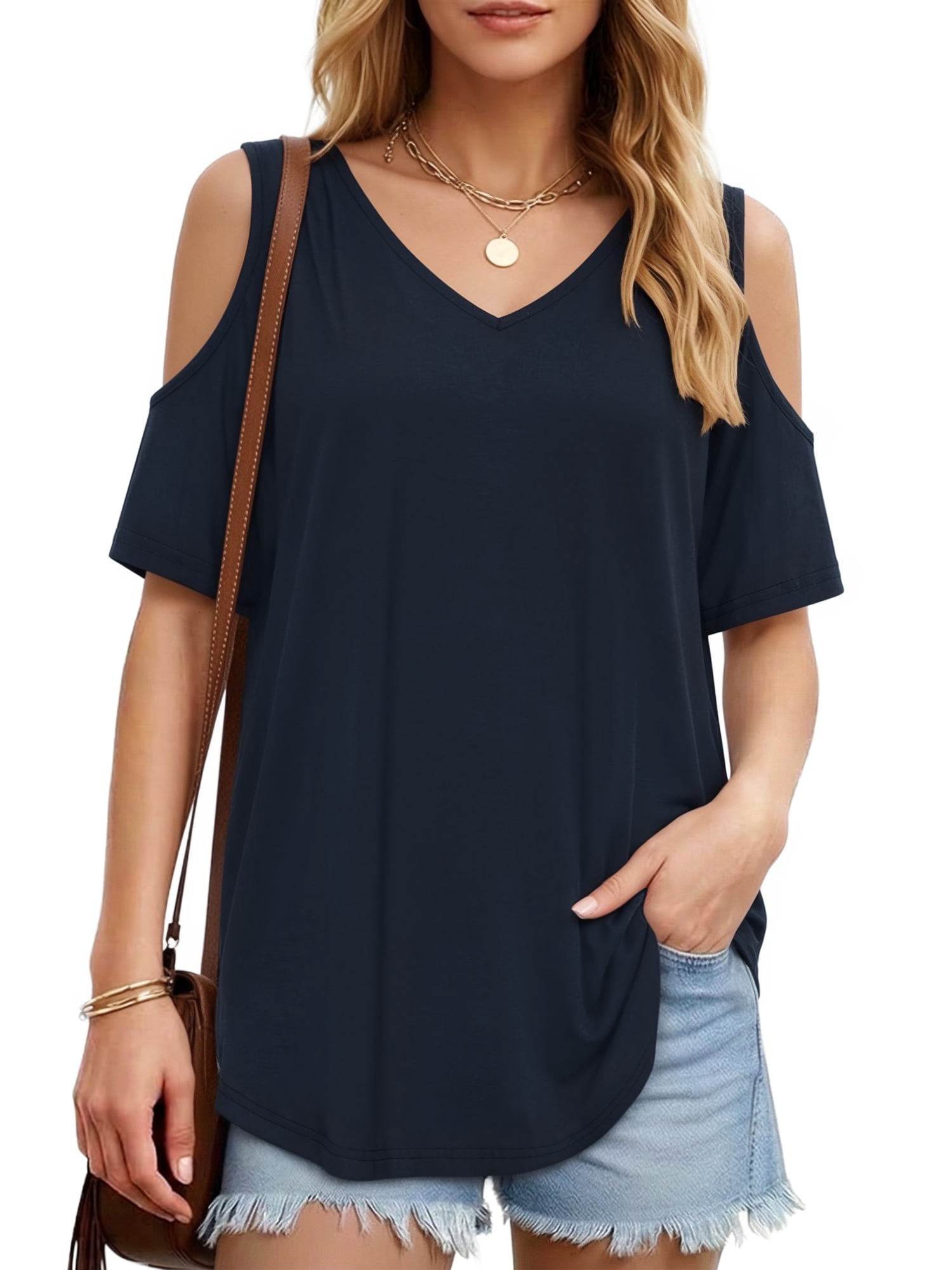 MOYIKO Women's Shirts Cold Shoulder Tops Summer Short Sleeve V Neck ...