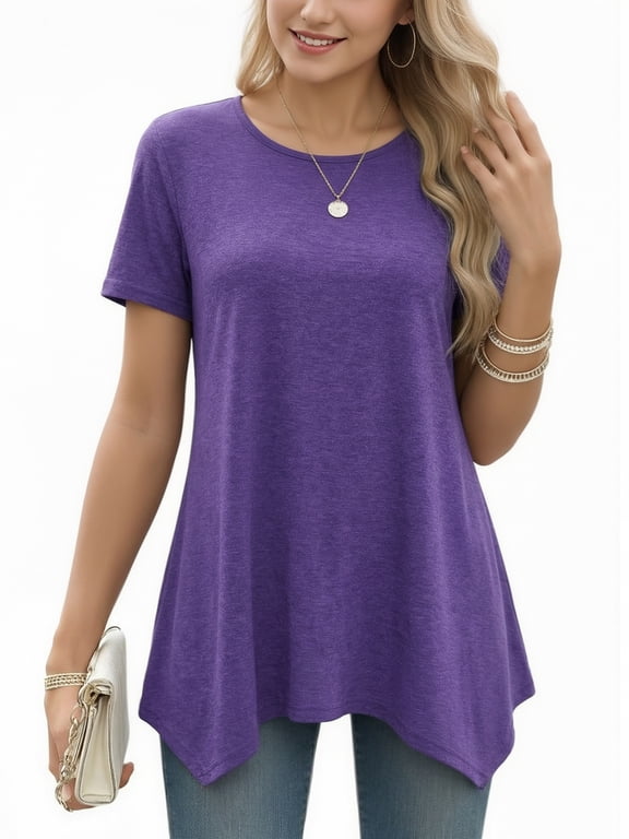 Women's Short Sleeve Swing T-Shirt Flowy Asymmetrical Hem Tee Loose Fit Casual Tops