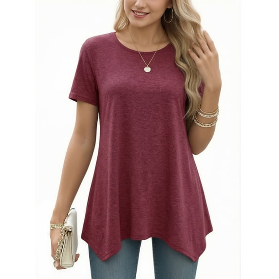 MOYIKO Women's Short Sleeve Swing T-Shirt Flowy Asymmetrical Hem Tee Loose Fit Casual Tops
