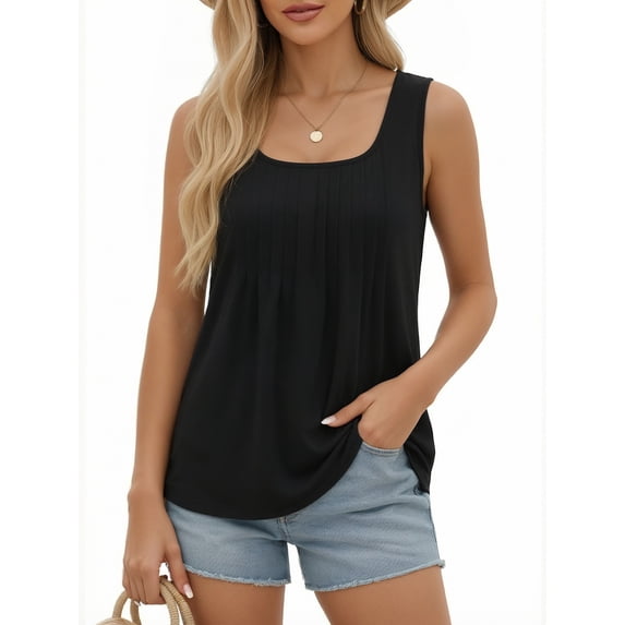 MOYIKO Women's Summer Tank Tops Pleated Square Neck Loose Fit Casual Flowy Tunic Sleeveless Shirts