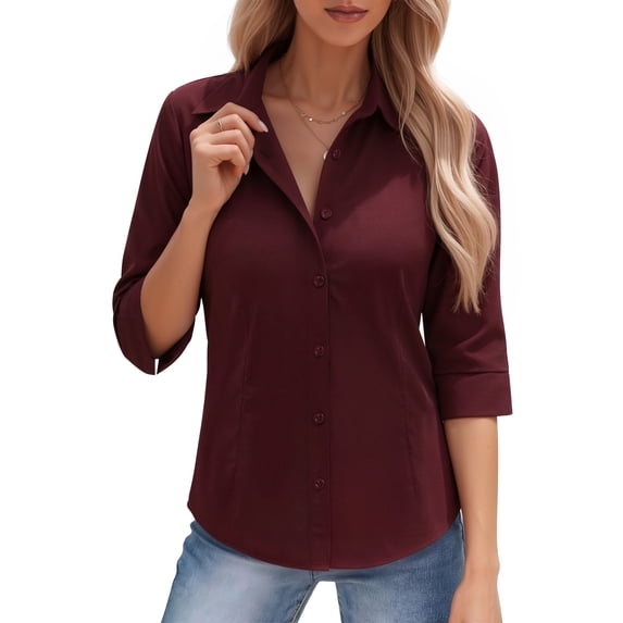 MOYIKO Womens 3/4 Sleeve Button Down Shirts Basic Wrinkle Free Stretch Collared Office Work Blouses Tops Dressy Casual