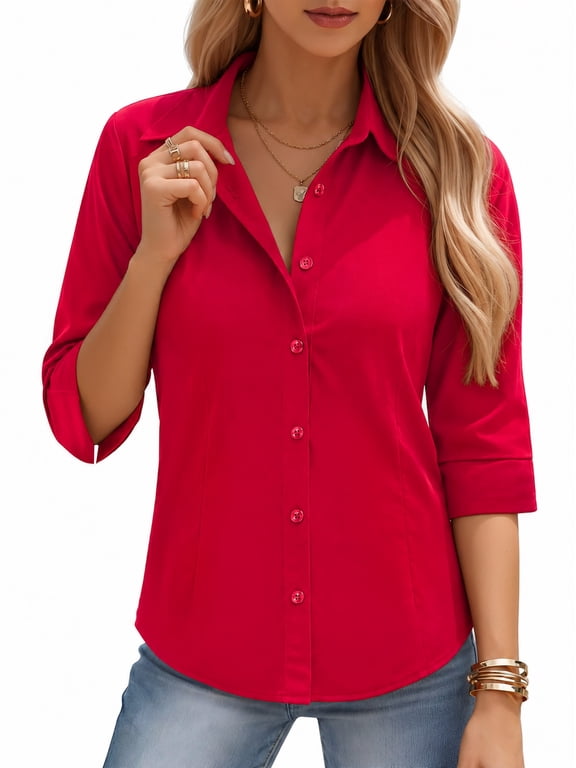 Womens Button Down Shirts 3/4 Sleeve Basic Business Dress Shirts Collared Work Office Fitted Blouses Tops