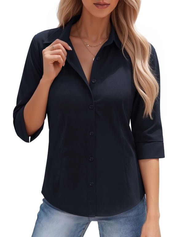Womens 3/4 Sleeve Button Down Shirts Basic Wrinkle Free Stretch Collared Office Work Blouses Tops Dressy Casual