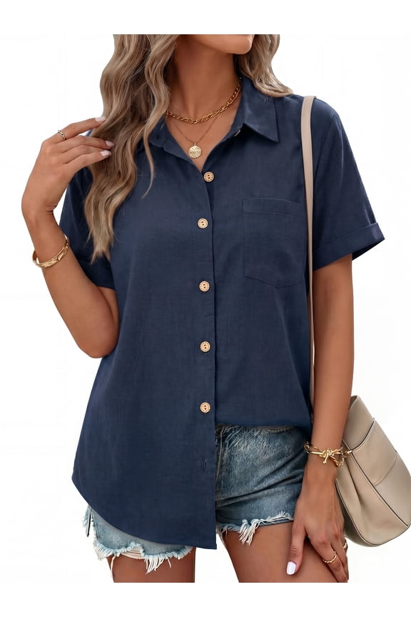 Womens Button Down Shirts Short Sleeve Shirt Collared Casual Work Blouses Summer Tops with Pockets