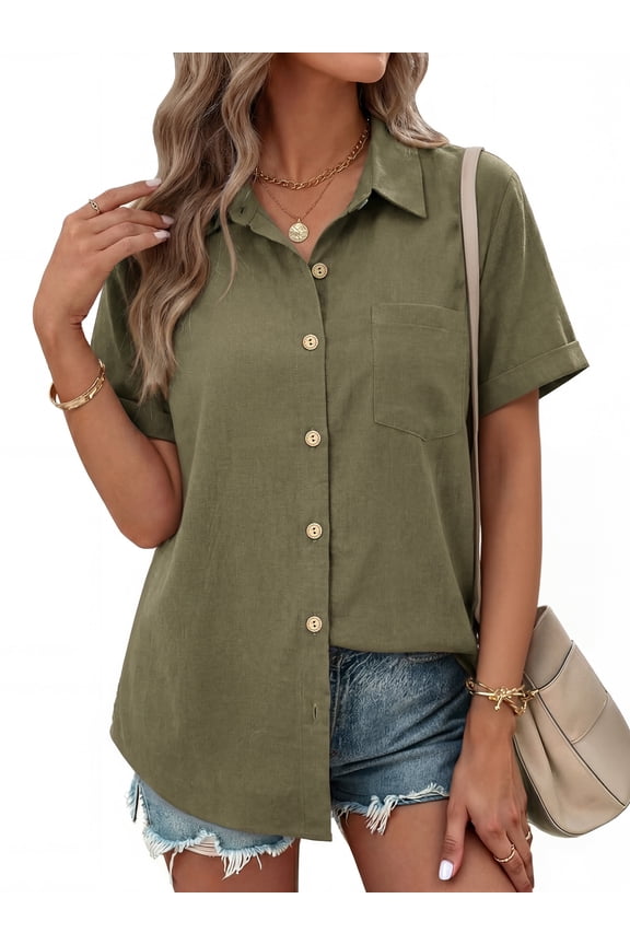 Womens Button Down Shirts Short Sleeve Shirt Collared Casual Work Blouses Summer Tops with Pockets