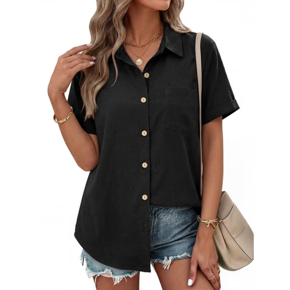 MOYIKO Womens Button Down Shirts Short Sleeve Shirt Collared Casual Work Blouses Summer Tops with Pockets