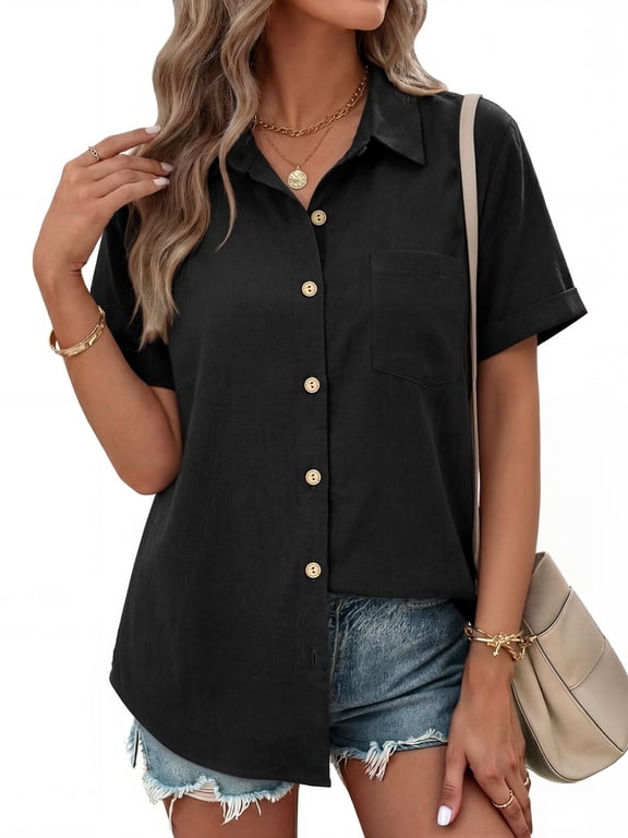 Womens Button Down Shirts Short Sleeve Shirt Collared Casual Work Blouses Summer Tops with Pockets