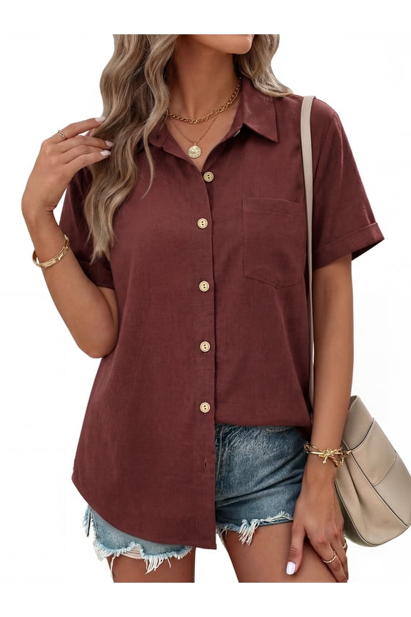 Womens Button Down Shirts Short Sleeve Shirt Collared Casual Work Blouses Summer Tops with Pockets