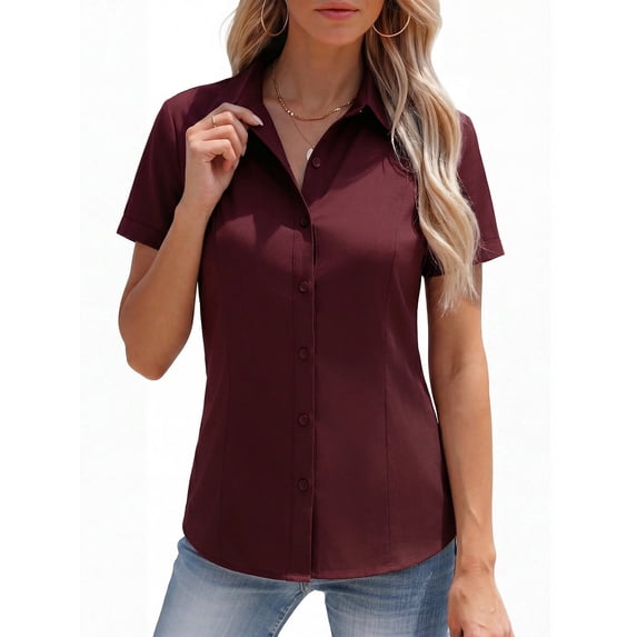 MOYIKO Womens Button Down Shirts Stretch Short Sleeve Dress Shirts Business Work Fitted Collared Office Basic Blouse