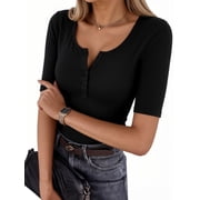 Womens Half Sleeve Summer Tops Henley Button Slim Fit Basic Casual T Shirts Fashion Clothing