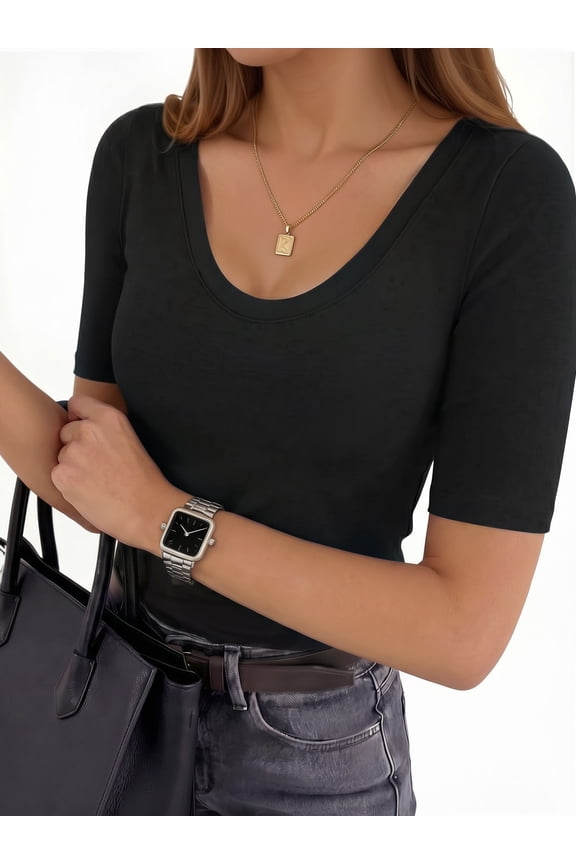 Womens Half Sleeve Tops Scoop Neck Slim Fitted Basic Tee Shirts 2026 Trendy Casual Clothes