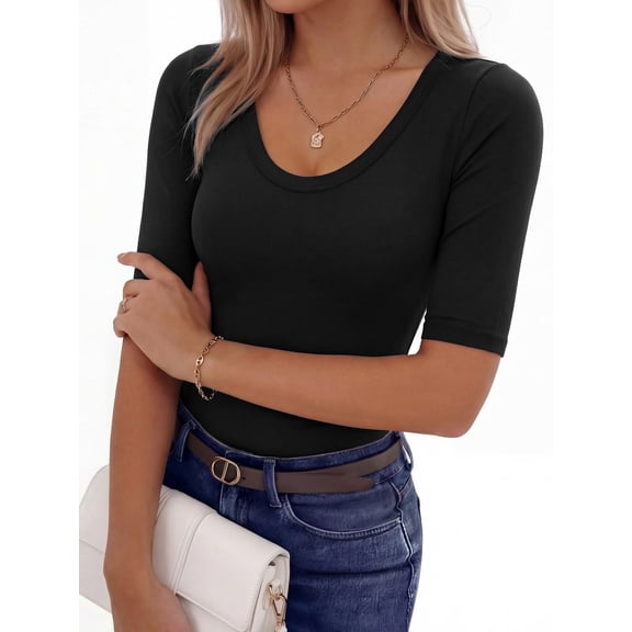 MOYIKO Womens Half Sleeve Tops Scoop Neck Slim Fitted Basic Tee Shirts 2026 Trendy Casual Clothes