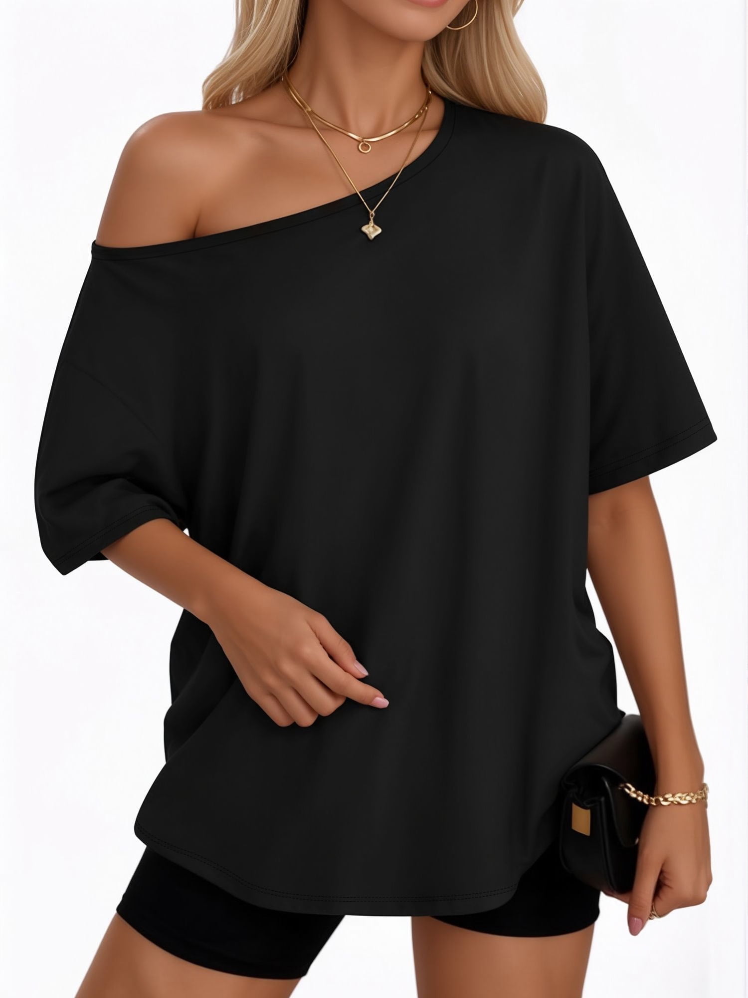 MOYIKO Womens Off The Shoulder Oversized T-Shirt Short Sleeve Summer ...
