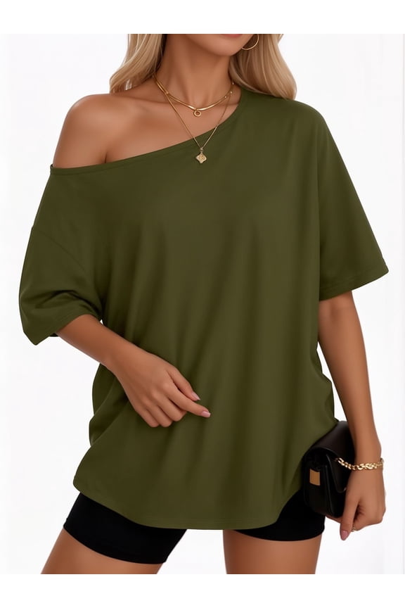 Womens Off The Shoulder Tops Oversized T-Shirts Short Sleeve Tees Summer Casual Fashion Clothes