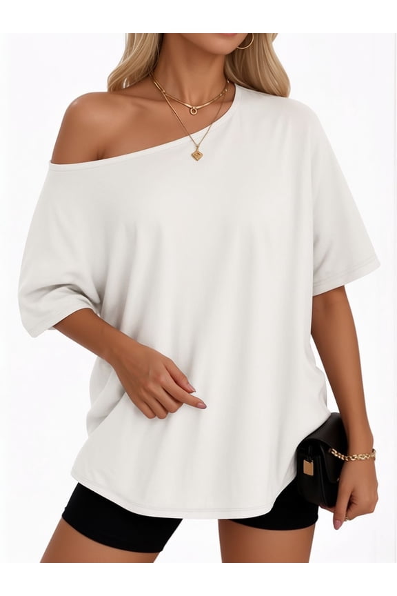 Womens Off The Shoulder Tops Oversized T-Shirts Short Sleeve Tees Summer Casual Fashion Clothes