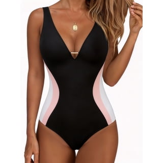 MOYIKO Womens One Piece Swimsuit Slimming Tummy Control Bathing Suit Color Block V Neck Shapewear