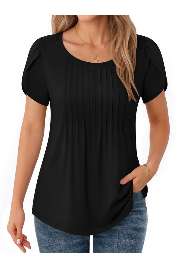 Womens T Shirts Petal Short Sleeve Summer Tops Pleated Tunic Round Neck Blouses Dressy Casual