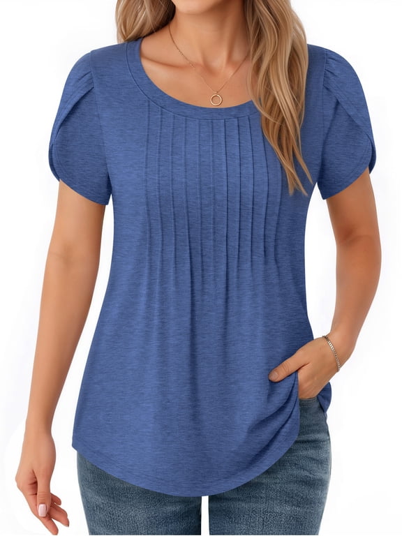 Women Tshirts Short Sleeve Summer Top Petal Sleeve Pleated Tunic Tee Bright Blue Round Neck Basic T Shirts Clothes Size L