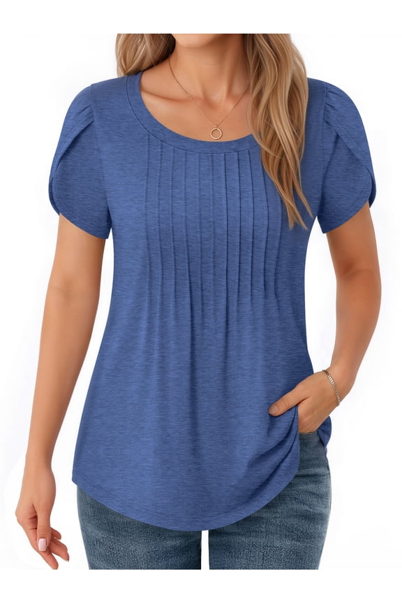 Womens T Shirts Petal Short Sleeve Summer Tops Pleated Tunic Round Neck Blouses Dressy Casual