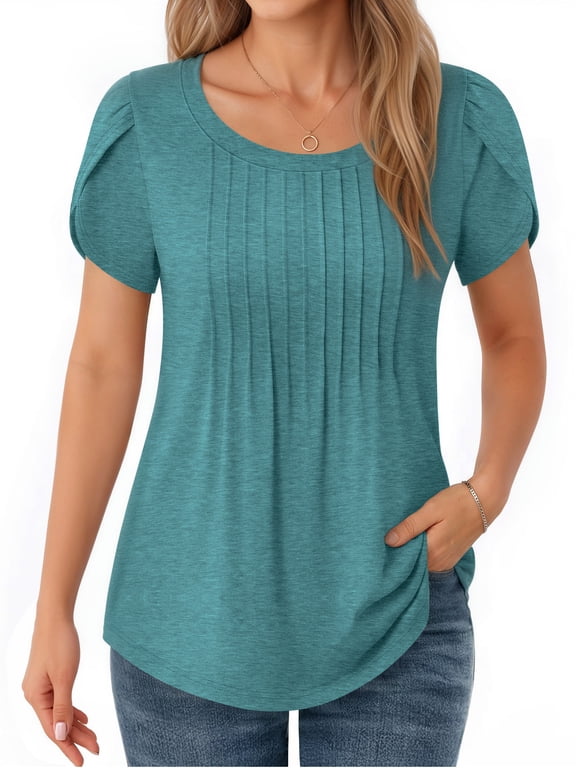 Women Short Sleeve Tops Casual Solid Plain Basic Tshirt Petal Sleeve Pleated Light Green Summer Tee Clothes Size XL