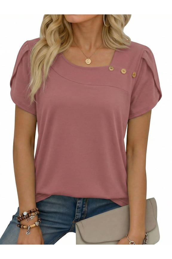 Womens Petal Sleeve Tops Summer Trendy T Shirt Casual Loose Square Neck Button Blouse Tees