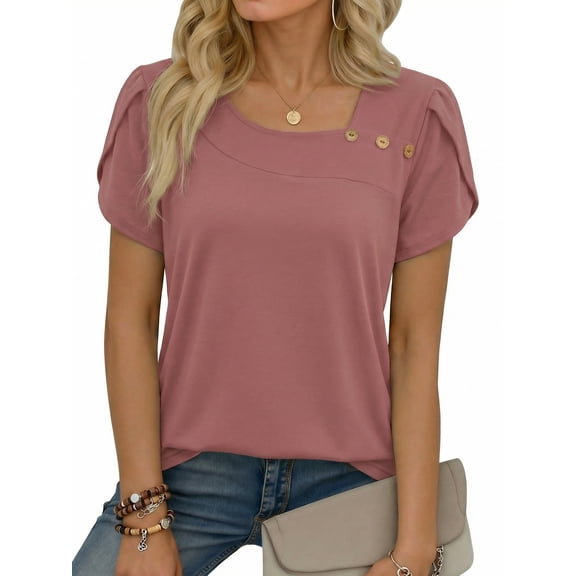 MOYIKO Womens Petal Sleeve Tops Summer Trendy T Shirt Casual Loose Square Neck Button Blouse Tees