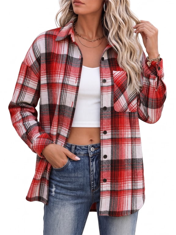 Womens Plaid Button Down Shirts Long Sleeve Casual Trendy Blouses Winter Tops with Pockets