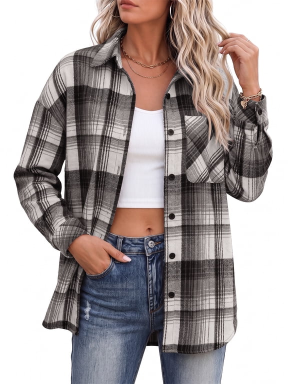 Womens Plaid Shirts Shacket Jacket Long Sleeve Button Down Coats Trendy Winter Outfits