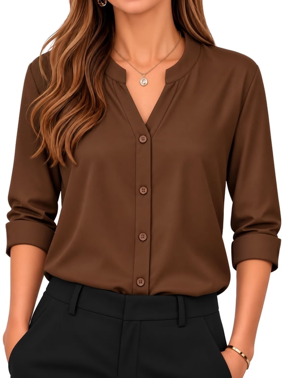 Womens Satin Button Down Shirts Long Sleeve Notched V Neck Dressy Business Office Fall Wear Tops