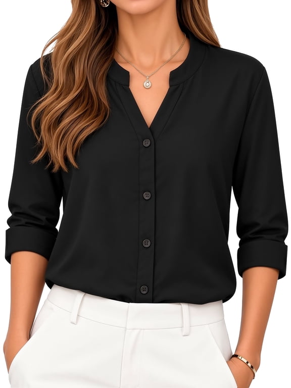 Womens Satin Button Down Shirts Long Sleeve V Neck Business Work Casual Fall Blouses Tops