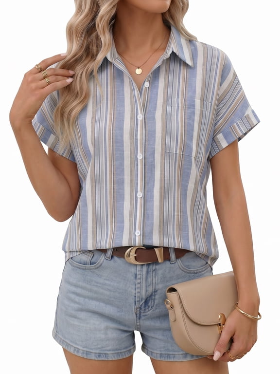 Womens Short Sleeve Striped Shirts Casual Button Down V Neck Work Blouses Tops