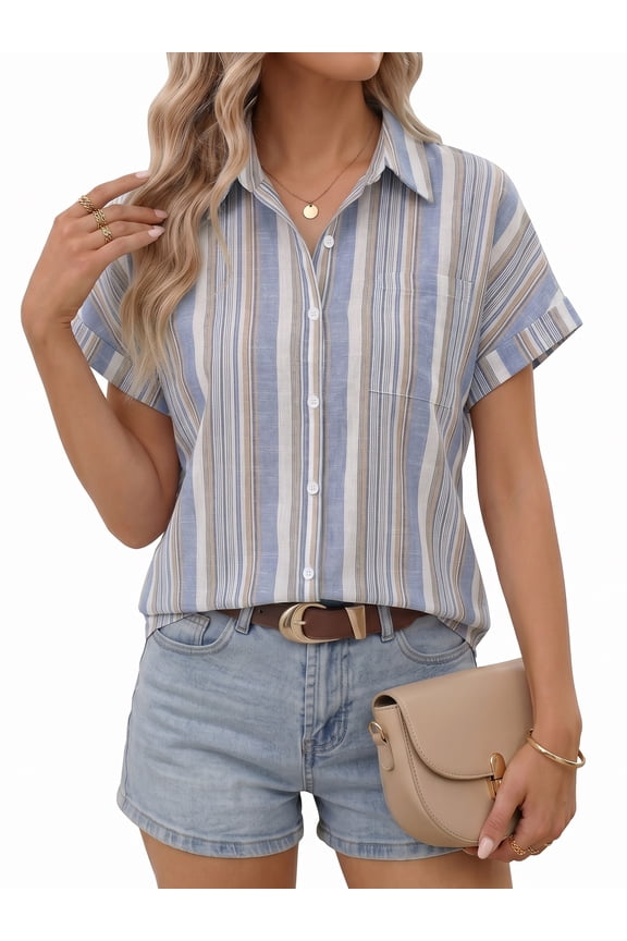 Womens Short Sleeve Striped Shirts Casual Button Down V Neck Work Blouses Tops