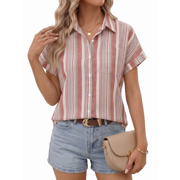 MOYIKO Womens Short Sleeve Striped Shirts Casual Button Down V Neck Work Blouses Tops