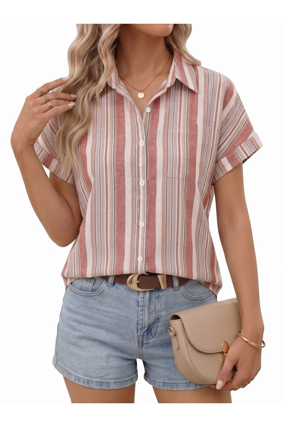 Womens Short Sleeve Striped Shirts Casual Button Down V Neck Work Blouses Tops