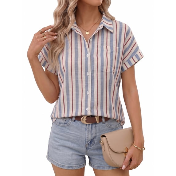 MOYIKO Womens Short Sleeve Striped Shirts Casual Button Down V Neck Work Blouses Tops