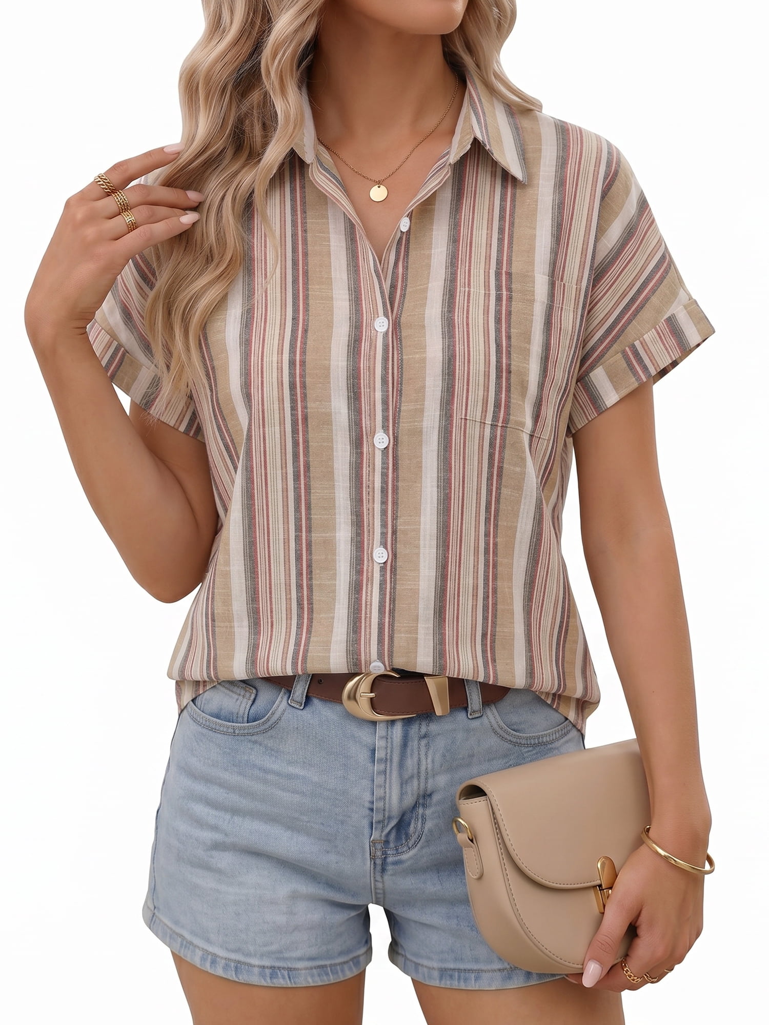 MOYIKO Womens Short Sleeve Striped Shirts Casual Button Down V Neck ...
