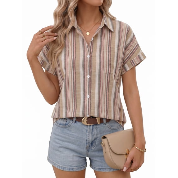 MOYIKO Womens Short Sleeve Striped Shirts Casual Button Down V Neck Work Blouses Tops
