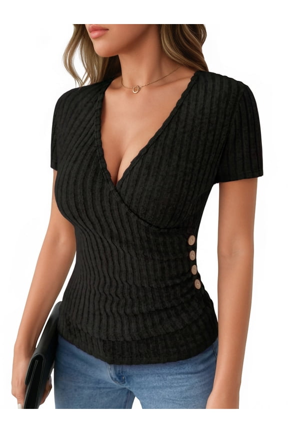 Womens Short Sleeve Summer Tops Trendy V Neck T Shirts Ribbed Knit Slim Fitted Dressy Casual Tees
