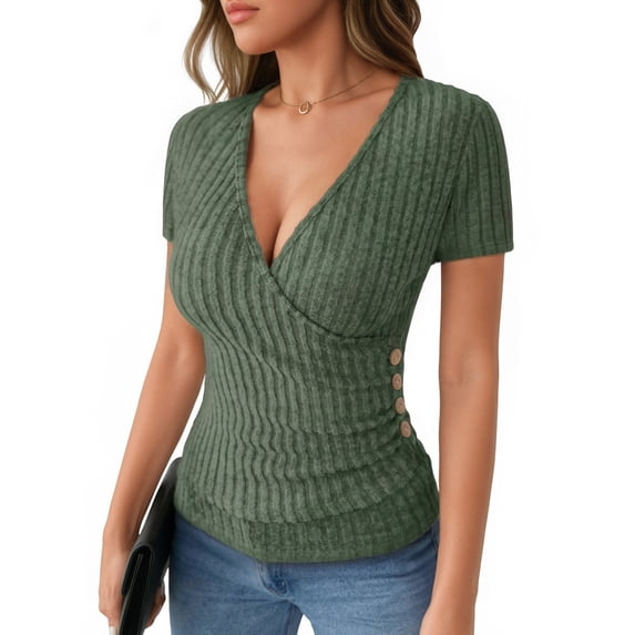 MOYIKO Womens Short Sleeve Summer Tops Trendy V Neck T Shirts Ribbed Knit Slim Fitted Dressy Casual Tees