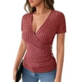 thumbnail image 1 of MOYIKO Ribbed Blouse for Women V Neck Summer Top Trendy Comfort Soft Short Sleeve Tee Burgundy Shirt L, 1 of 7