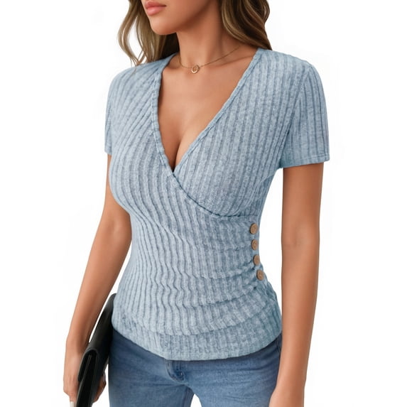 MOYIKO Womens Short Sleeve Summer Tops Trendy V Neck T Shirts Ribbed Knit Slim Fitted Dressy Casual Tees