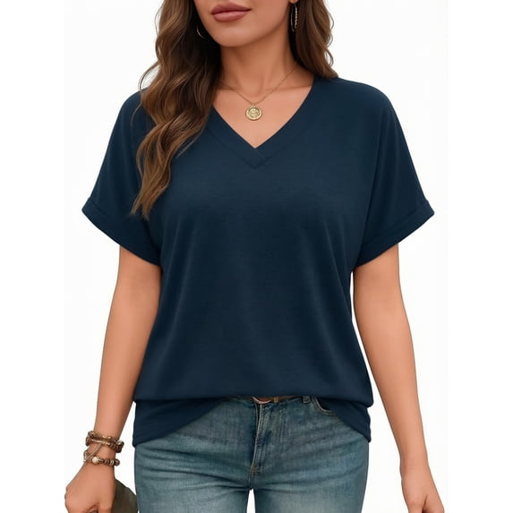 MOYIKO Womens Summer Tops Short Dolman Sleeve T Shirts V Neck Striped Loose Fit Casual Trendy Tees