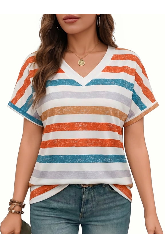 Womens Summer Tops Short Dolman Sleeve T Shirts V Neck Striped Loose Fit Casual Trendy Tees