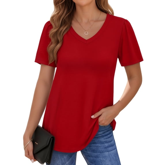 MOYIKO Women V Neck Summer Top Short Puff Sleeve T Shirts Trendy Basic Tee Red Tunic Tshirt Clothes Size M