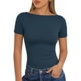 thumbnail image 1 of MOYIKO Womens T Shirts Short Sleeve Boat Neck Slim Fit Tee Basic Summer Tops, 1 of 7
